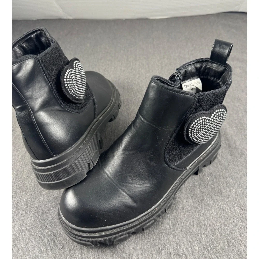 Dream Pairs Kids Black Heart Rhinestone Ankle Boots‎ Size 4 AG1Z4DER Lug Sole